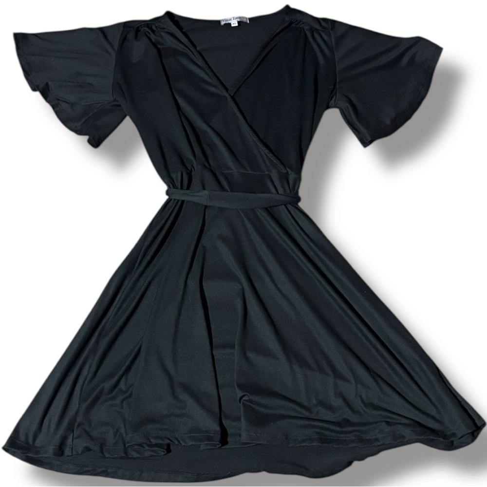 Velvet Torch Black Short Flutter Bell Sleeve Wrap Style V-Neck Midi Dress - Picture 8 of 16